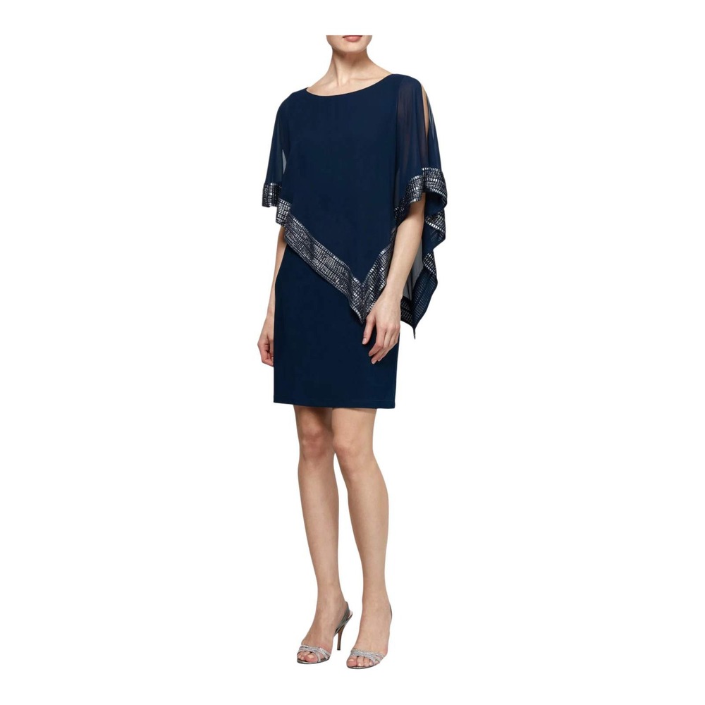 SL Fashions Women Sheath Dress Metallic‎ Trim Capelet Overlay Navy Blue Size 4